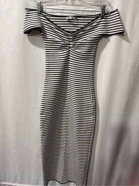 Zara Black and White Striped One-Shoulder Midi Dress